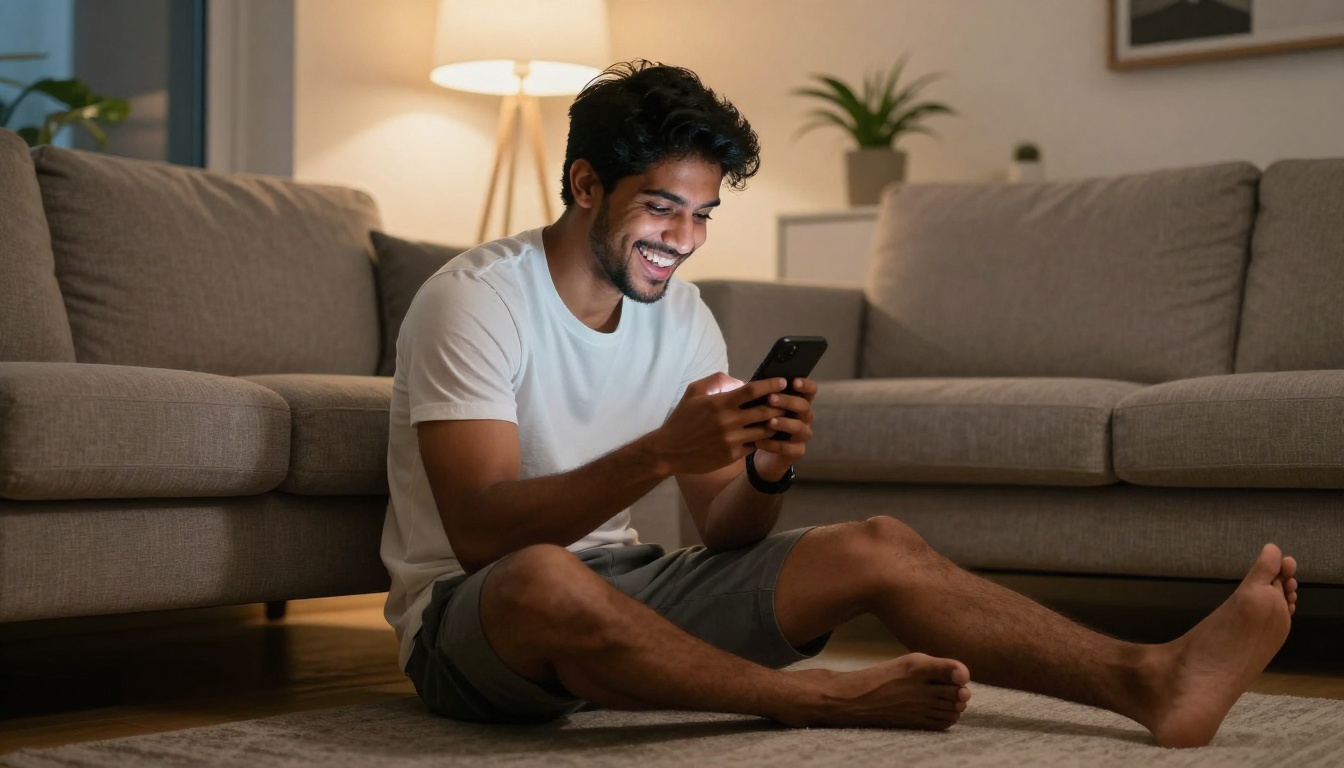A young man with South Asian features sitting on an apartment floor laughing at his phone, warm floor lamp light, casual white t-shirt, candid spontaneous joy