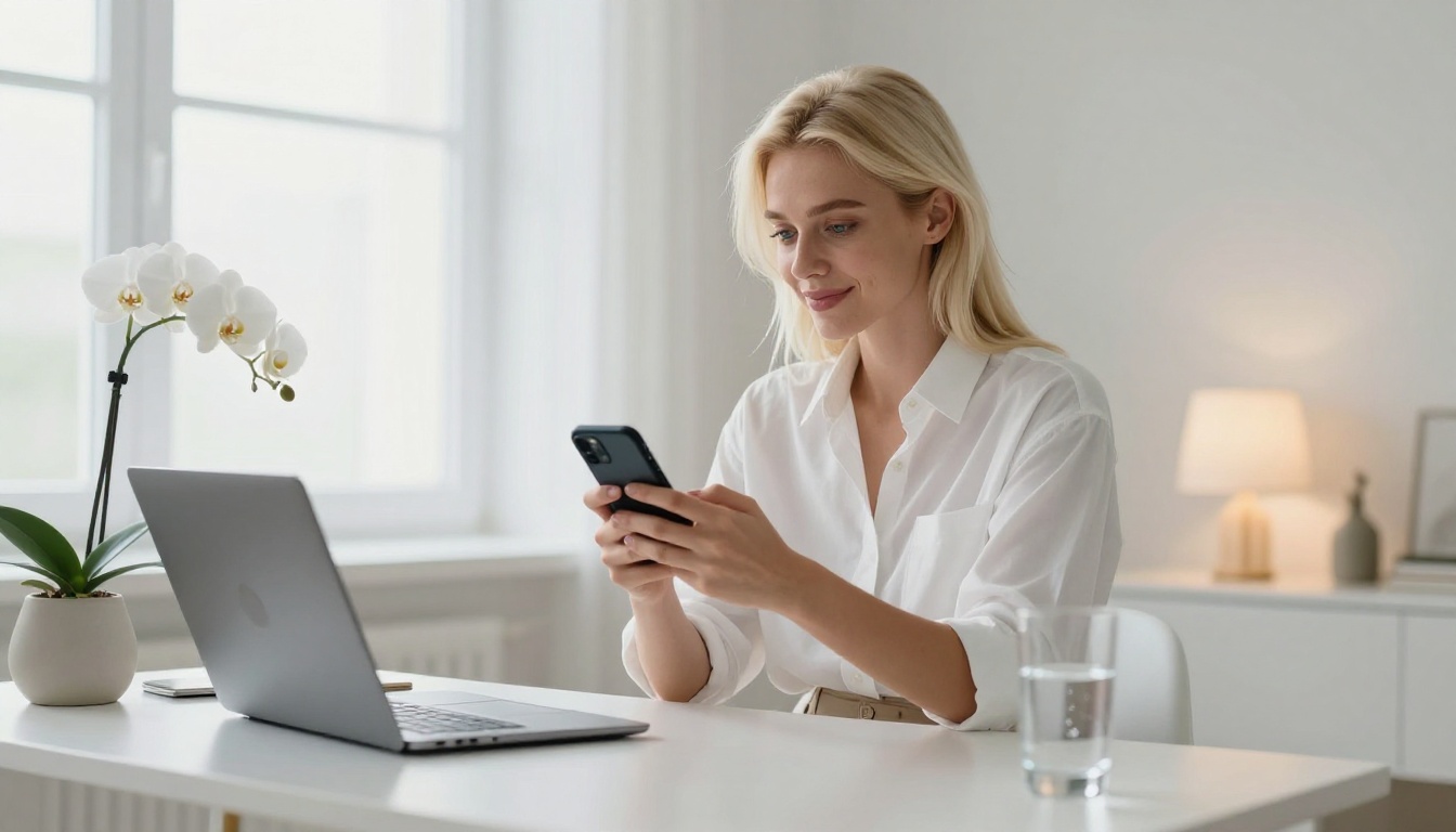 Young European platinum blonde woman smiling at her phone at a minimalist white desk in natural light