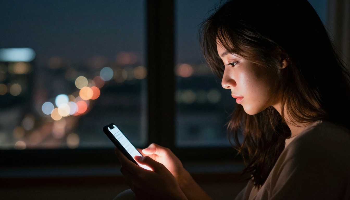 A woman in profile by a dark window at night, phone light casting warm amber and rose tones across her face, city bokeh in the background, intimate and cinematic