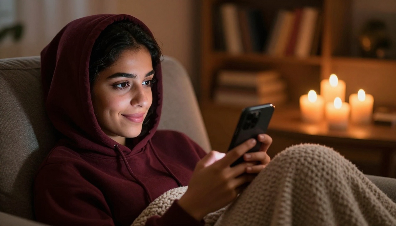 Middle Eastern woman with striking dark eyes curled in an armchair reading her phone by candlelight