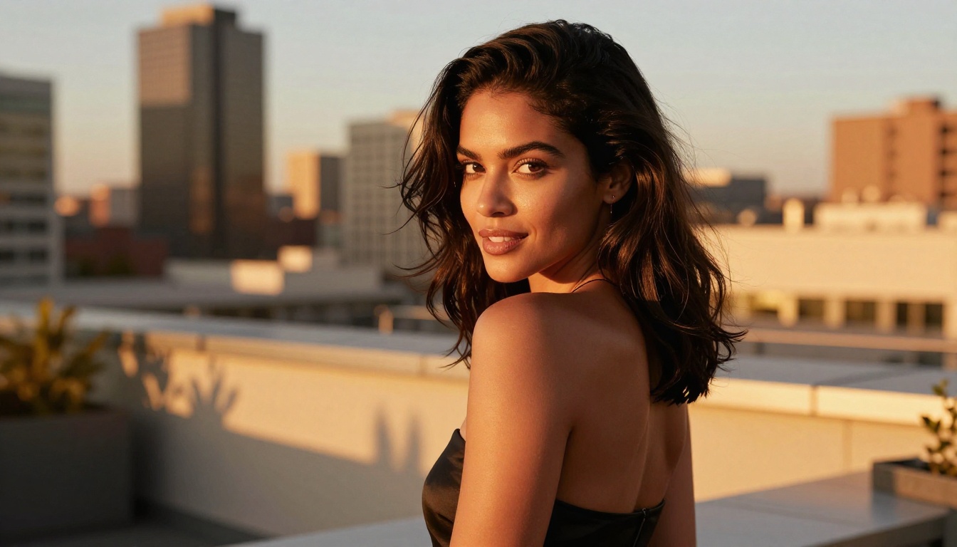 A stunning mixed-race woman with caramel skin and glossy dark hair on a rooftop terrace at golden hour, looking back over her shoulder with a confident smile, city skyline bokeh