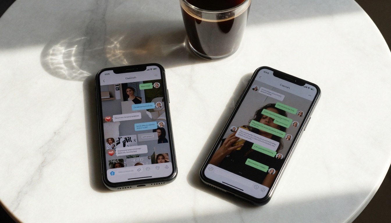 Two smartphones side by side showing a dating app and an AI chat interface on white marble