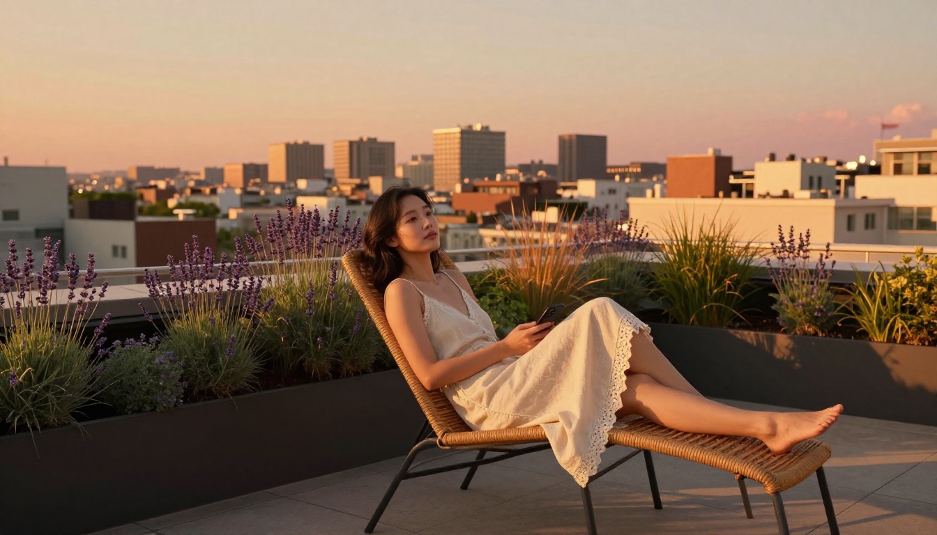 Young Korean woman relaxing on a rooftop terrace at golden hour with a warm city skyline behind her