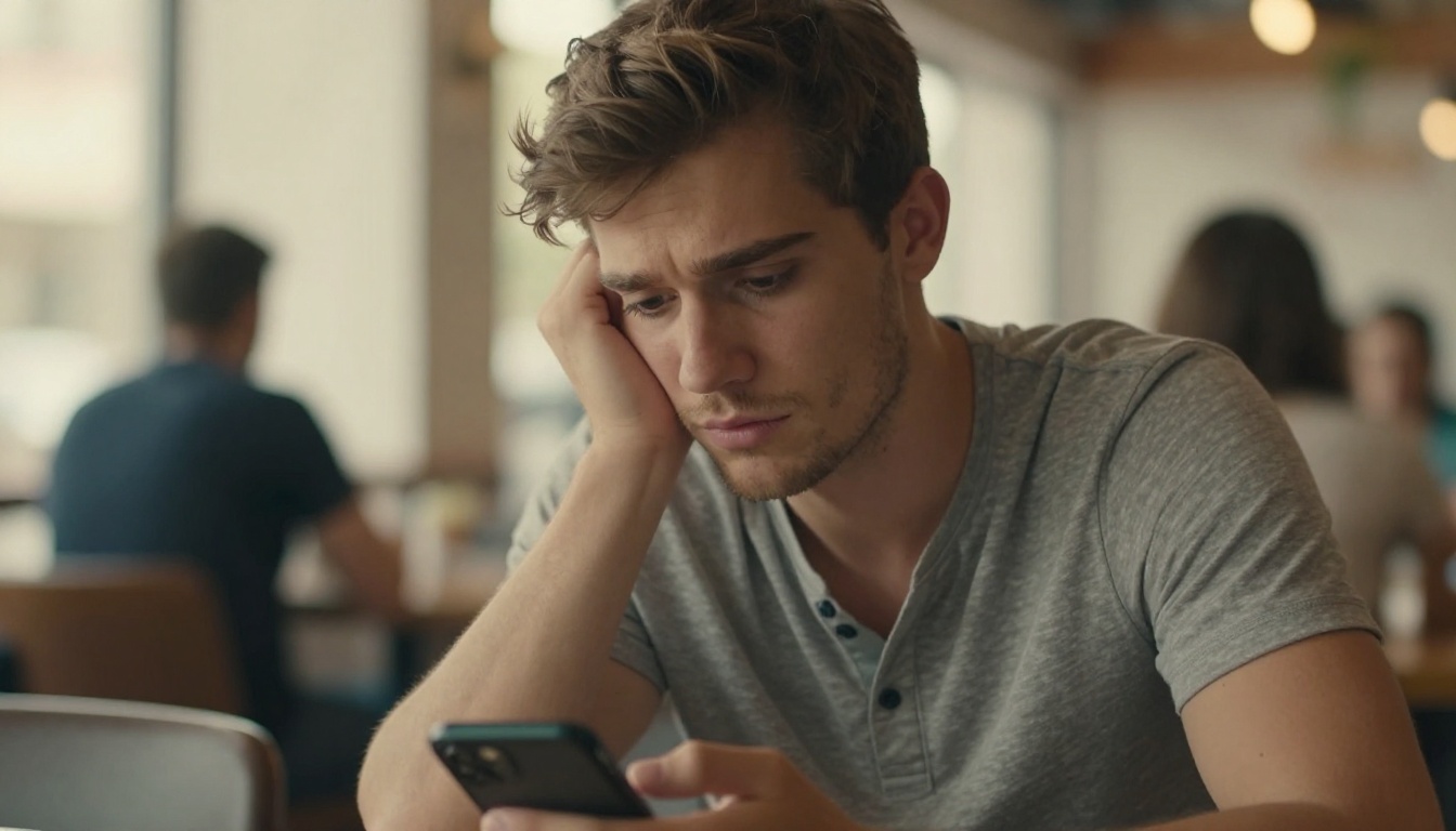 Frustrated young man at a cafe table chin in hand staring blankly at his phone