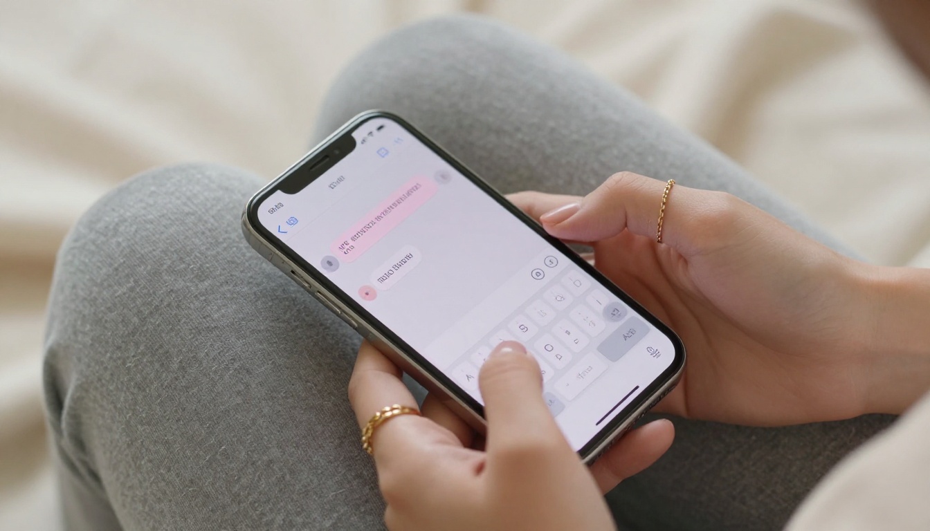 Close-up of a woman's hands holding a phone with soft chat bubbles on screen, gold ring, cashmere background