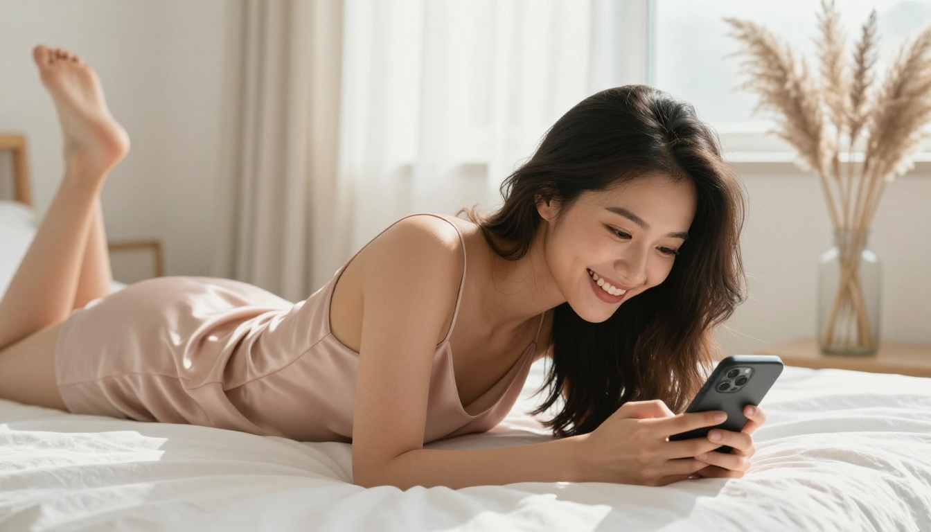 Beautiful Asian woman lying on a white linen bed smiling at her phone in warm morning light