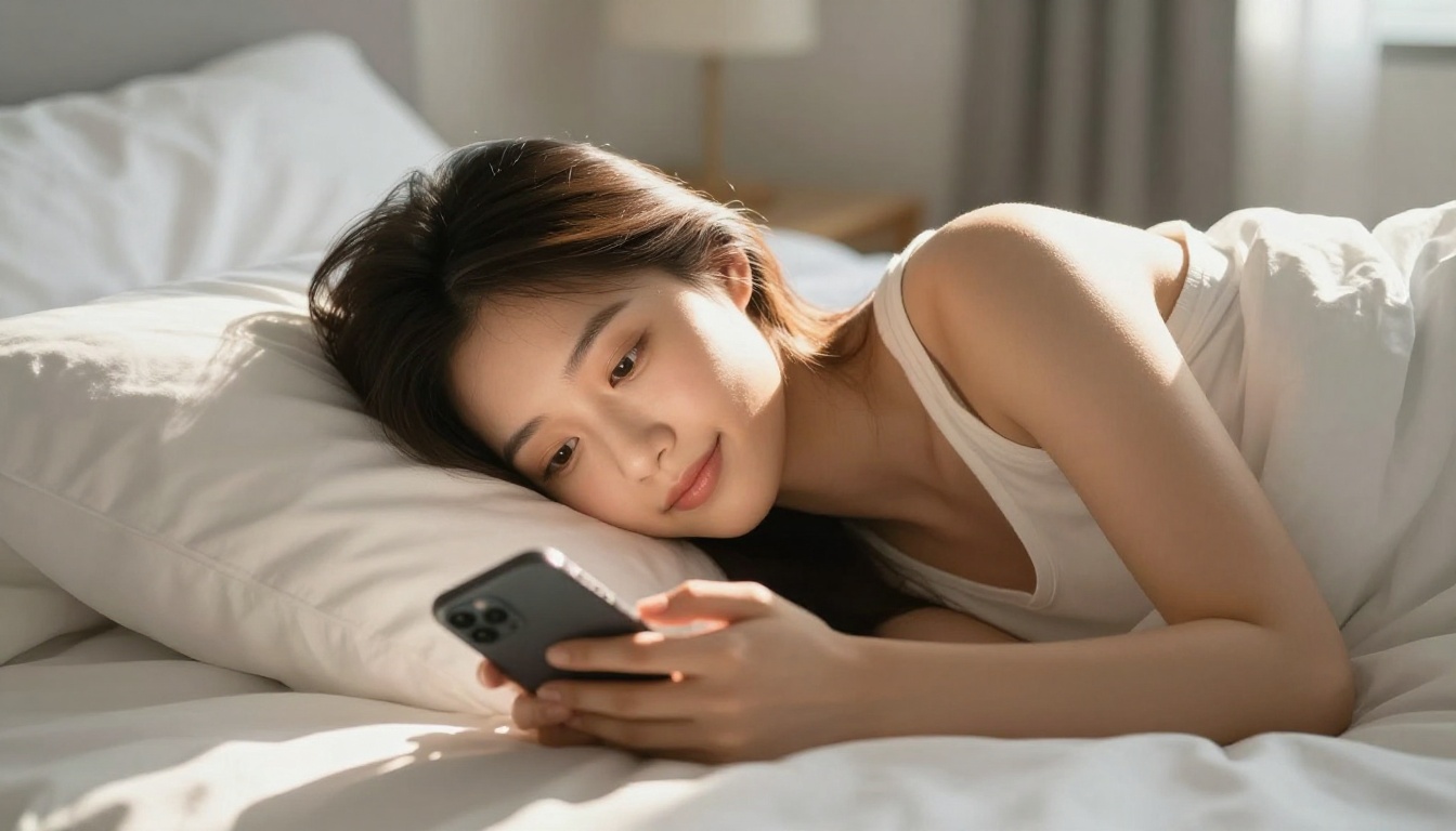 Young Asian woman lying on bed holding smartphone with peaceful smile, warm morning sunlight through sheer curtains, golden bokeh bedroom background