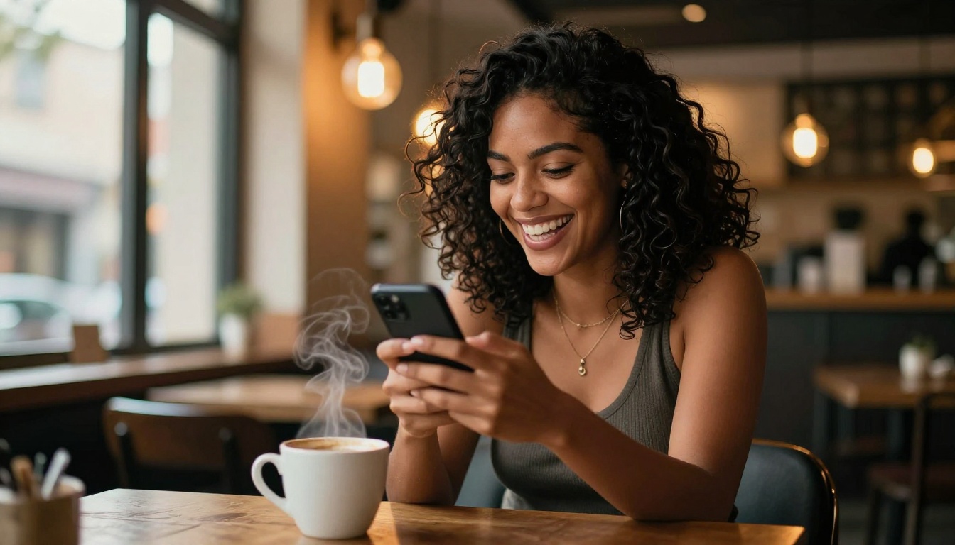 Beautiful Latina woman with dark curly hair laughing at her phone in a cozy cafe, warm Edison bulb lighting, candid lifestyle photography