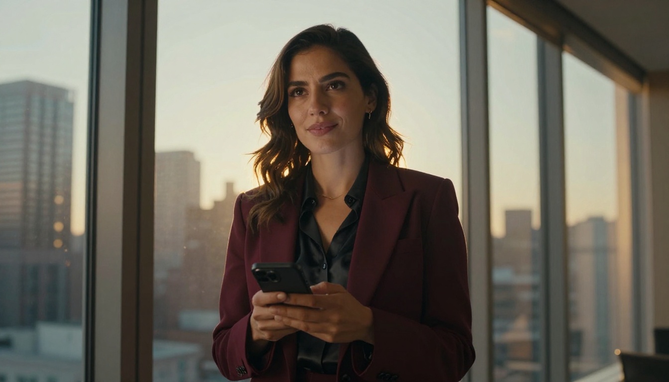 Confident Latina woman standing at a floor-to-ceiling window holding her phone city skyline at golden hour behind her