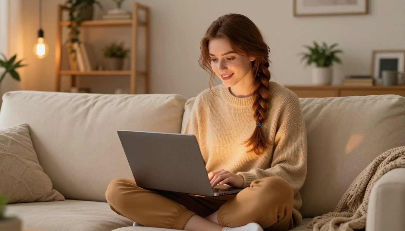 Woman browsing AI companion profiles on a cozy couch with laptop