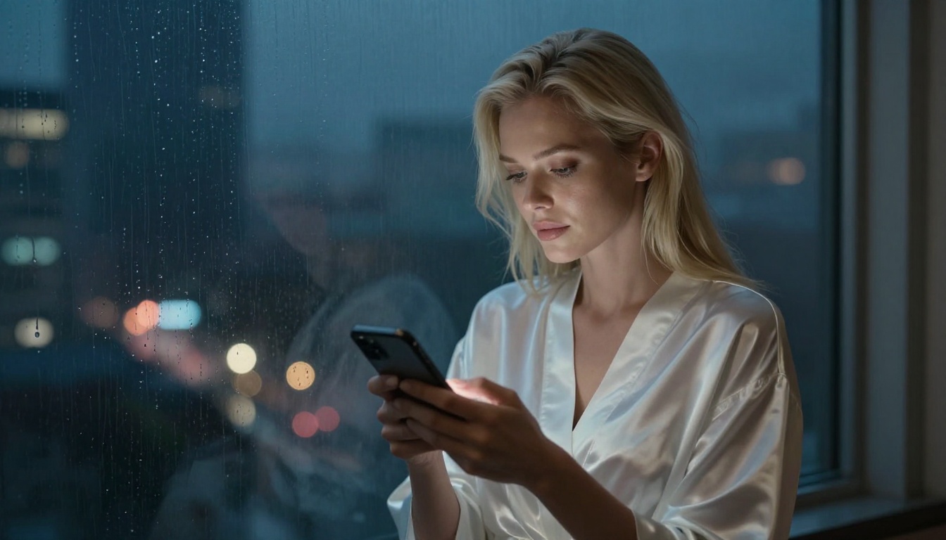 Elegant European woman with platinum blonde hair in white silk robe at rain-streaked window at night, blurred city lights bokeh, cinematic blue-gray lighting