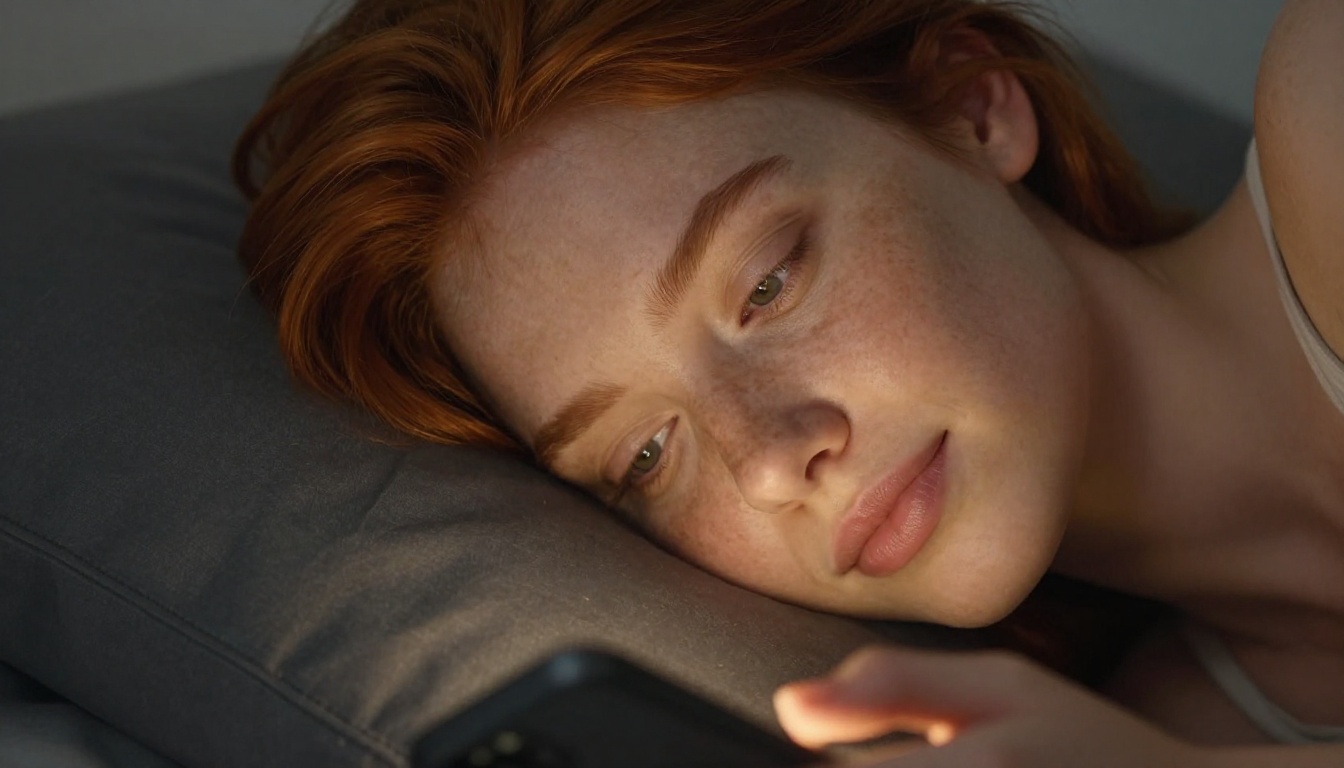 Young woman with copper-red hair and freckles lying against a pillow holding her phone in warm low light