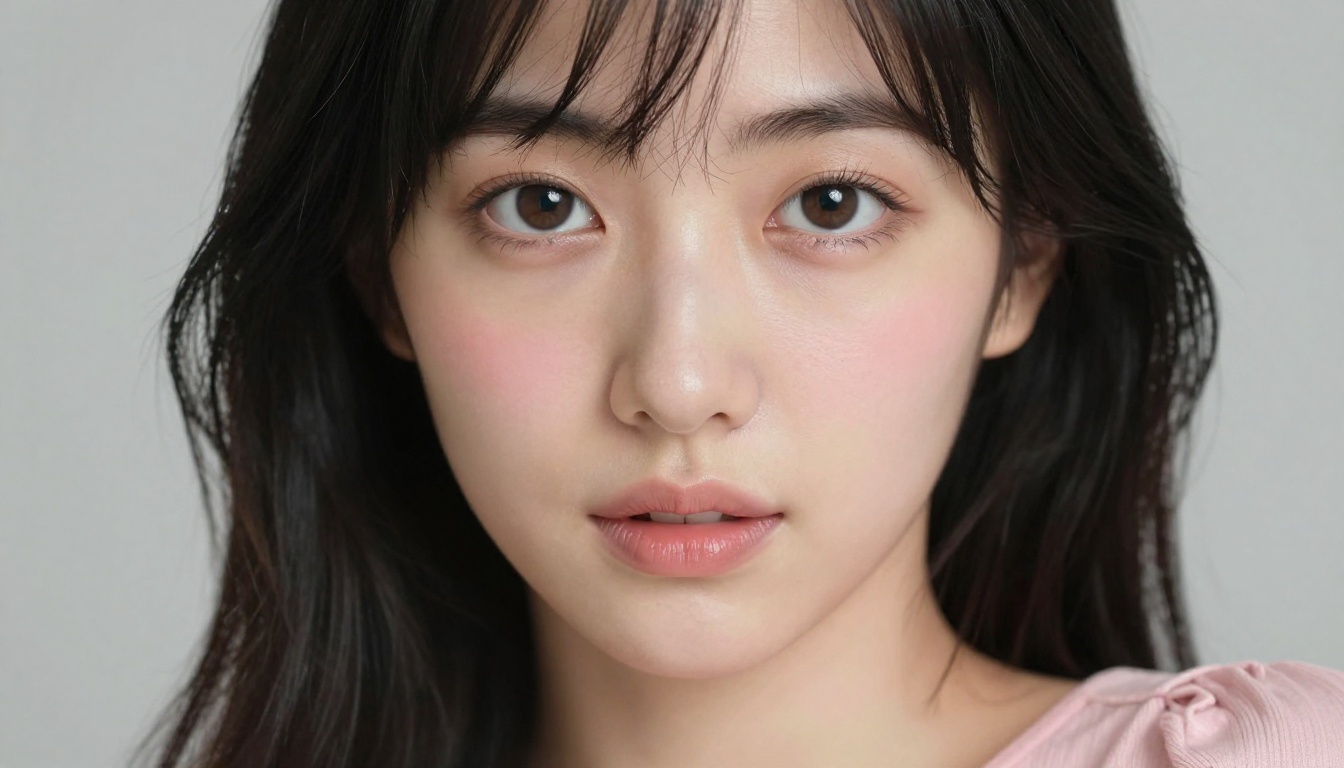 Close-up portrait of Japanese woman with glossy black hair and almond-shaped eyes making direct eye contact, pastel pink off-shoulder top, soft studio lighting, extreme shallow depth of field