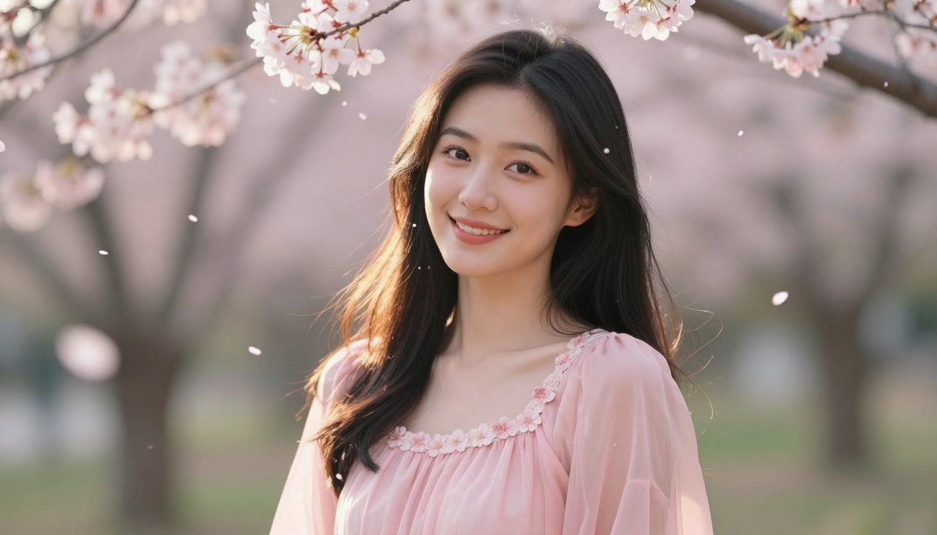 Beautiful Asian woman standing in a cherry blossom garden at golden hour