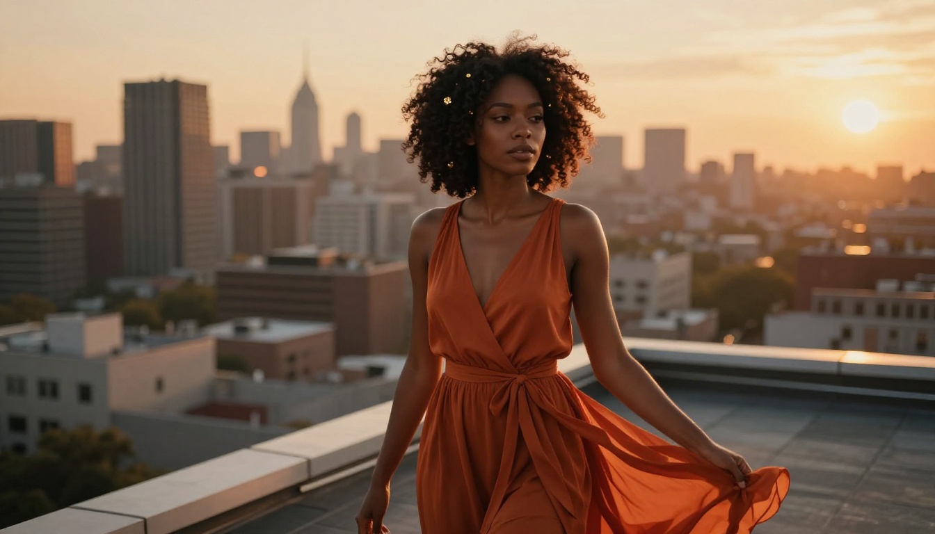 African American AI companion on rooftop at golden sunset