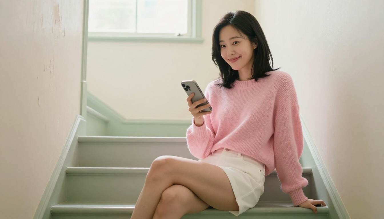 Korean AI companion in casual retro setting with warm smile