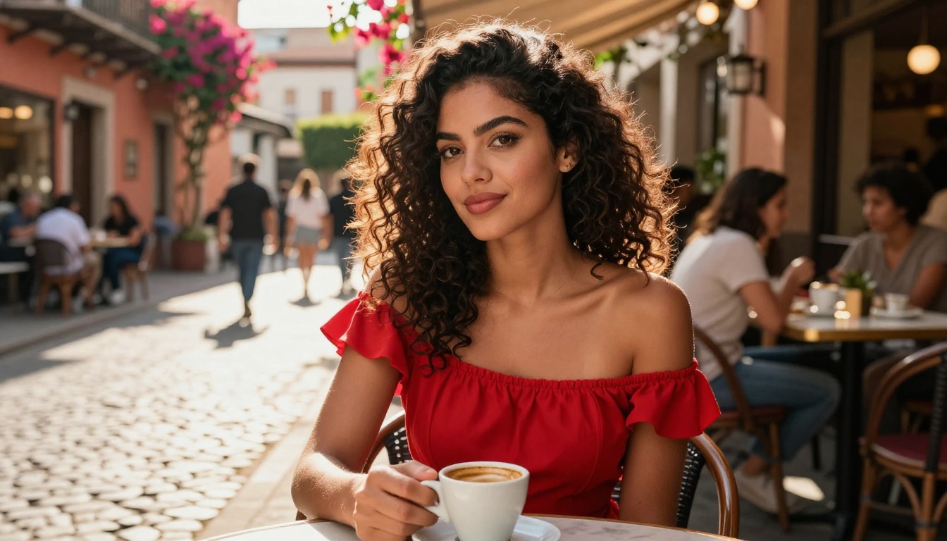 Confident Latina woman at outdoor café terrace in the afternoon sun
