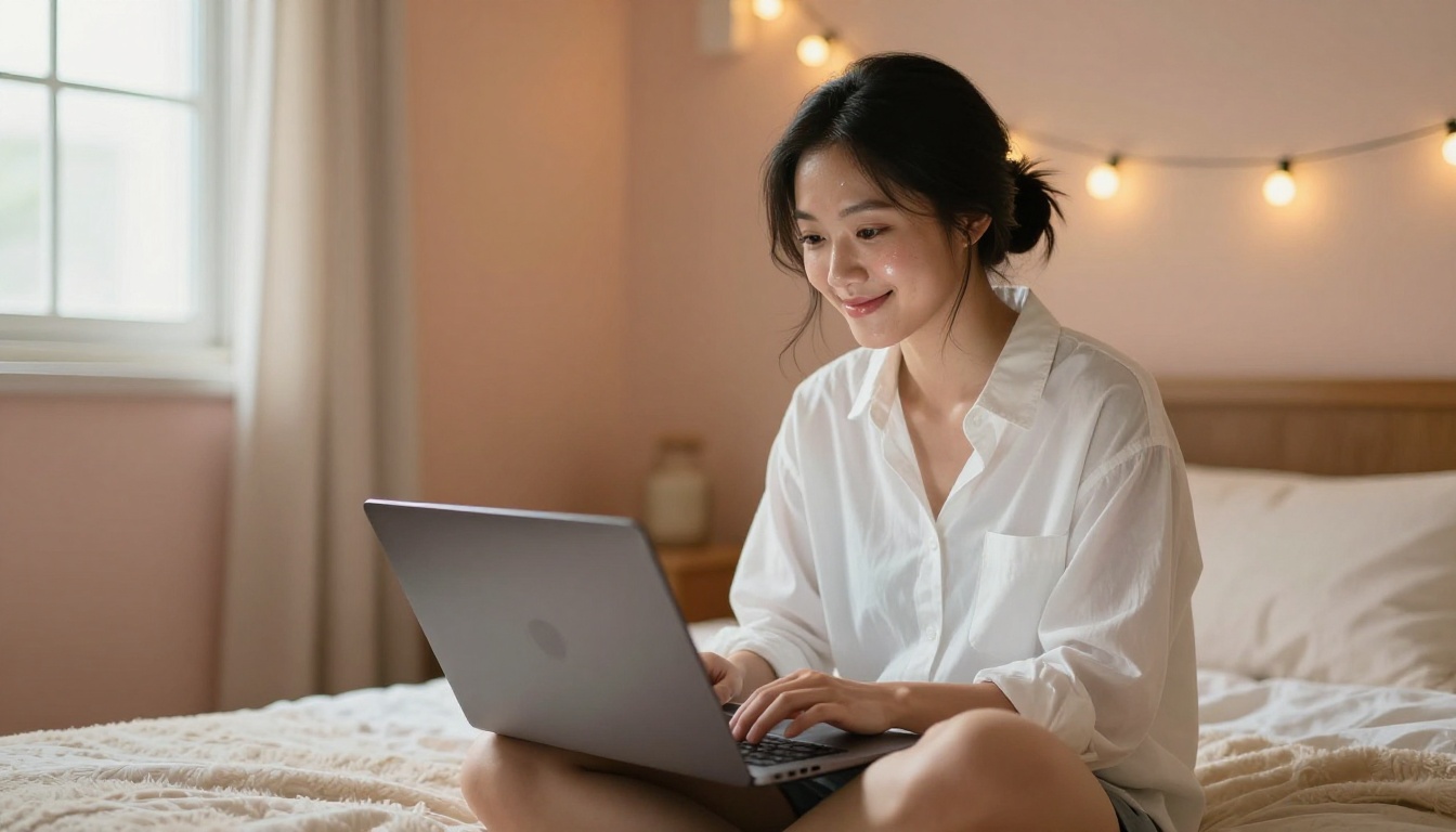 AI companion atmosphere, beautiful Asian woman smiling softly at laptop in warm cozy bedroom