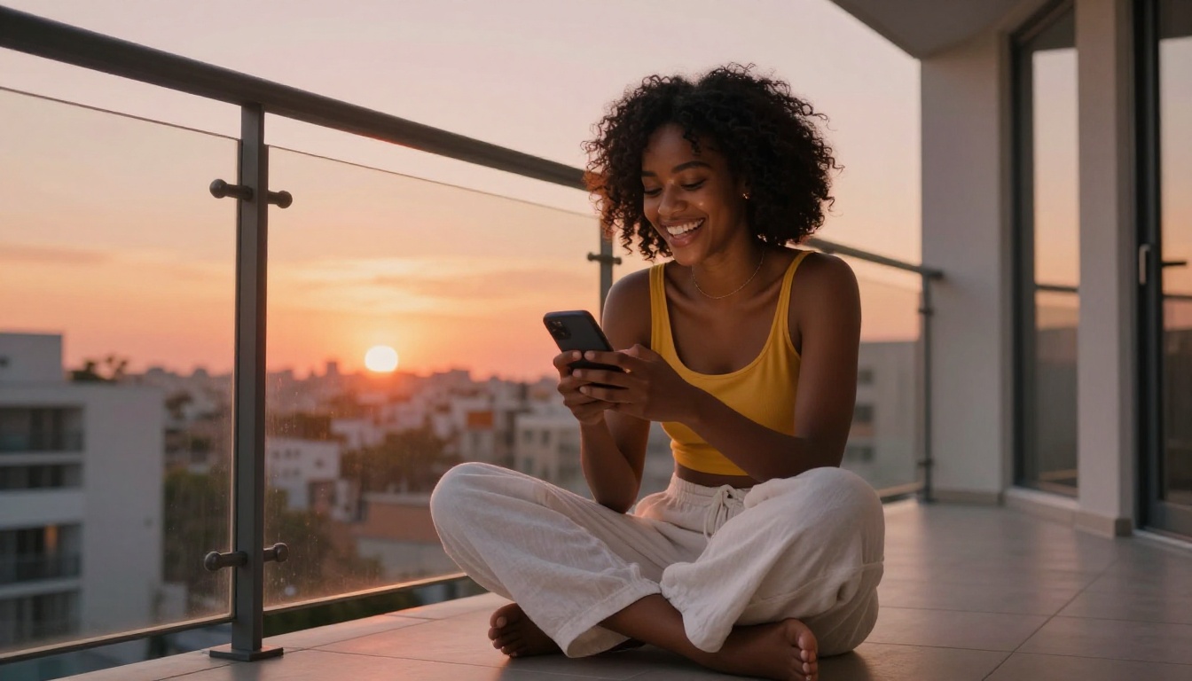 Young African woman sitting cross-legged on a balcony laughing at her phone at golden hour