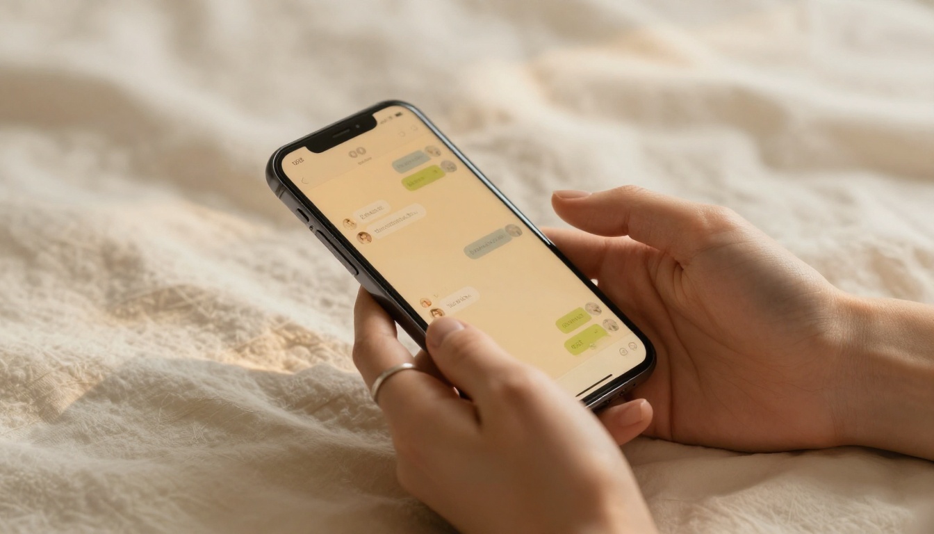 Close-up of elegant hands holding a glowing smartphone with warm chat bubbles on a cream fabric surface