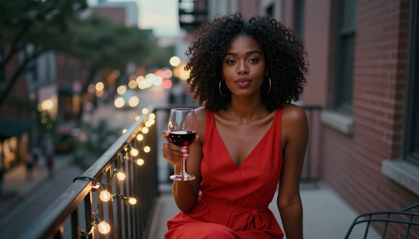 African woman with natural coily hair in vibrant red sundress on city fire escape balcony at dusk, string fairy lights bokeh, holding wine glass with playful expression