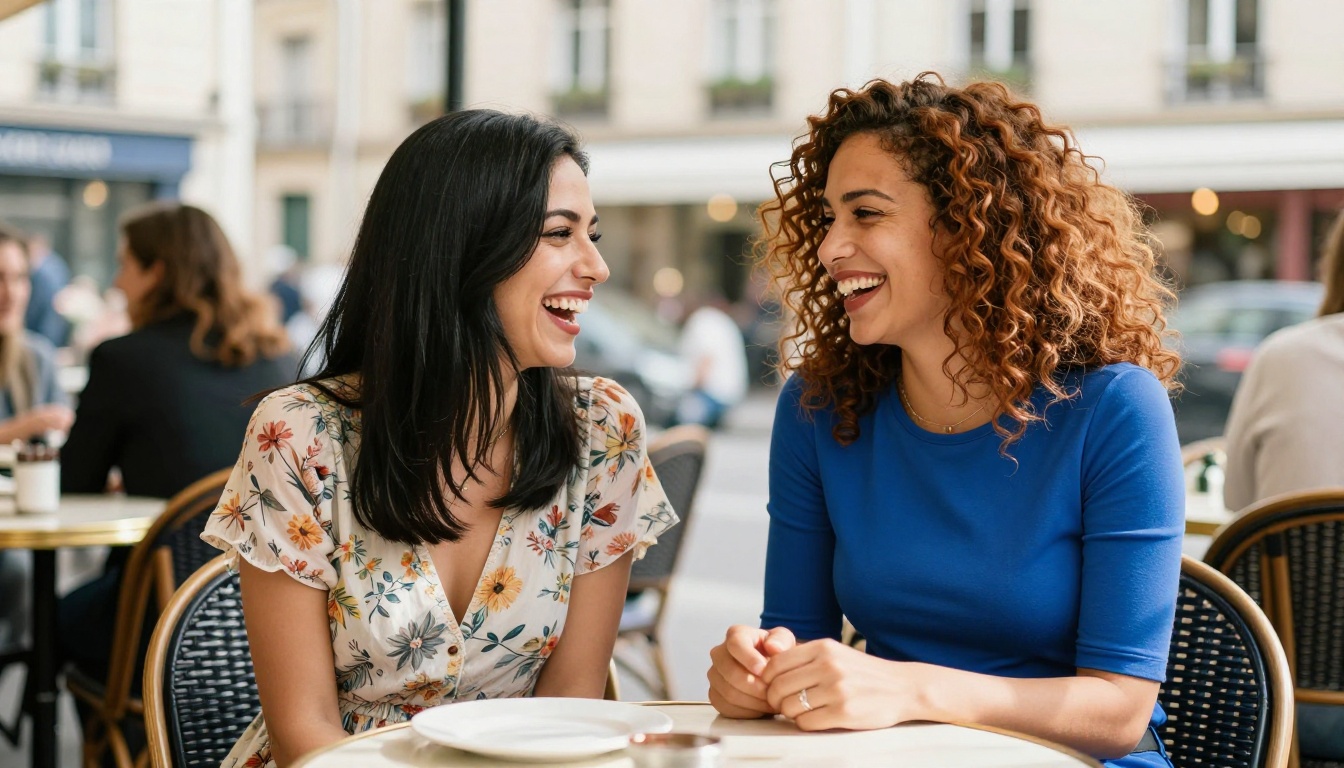 Two women laughing at outdoor Paris cafe in candid street photography
