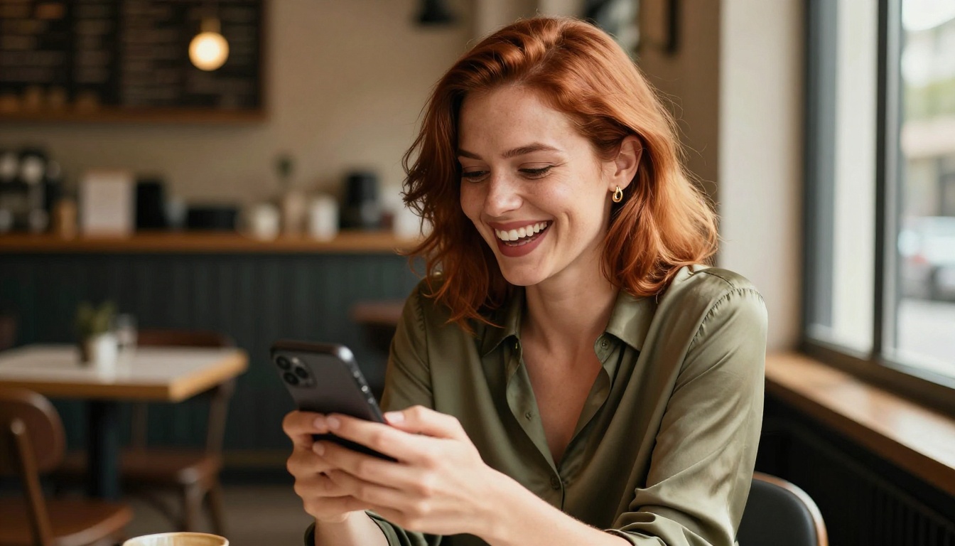 European woman with auburn hair laughing at phone in warm sunlit café, genuine candid moment
