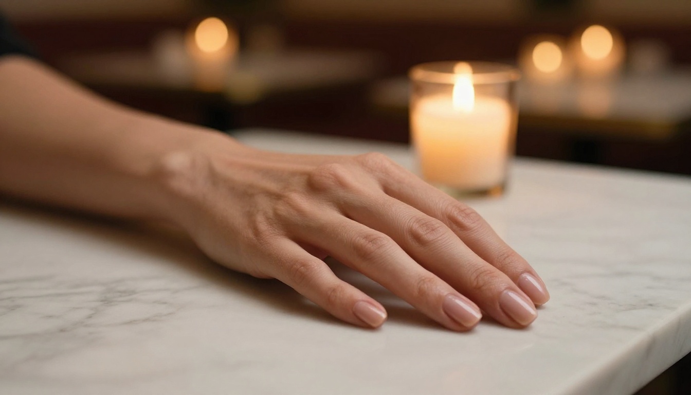 Romantic close-up of woman's delicate hand on white marble cafe table, warm candlelight illuminating skin texture and fine details, blurred intimate restaurant background with amber candles