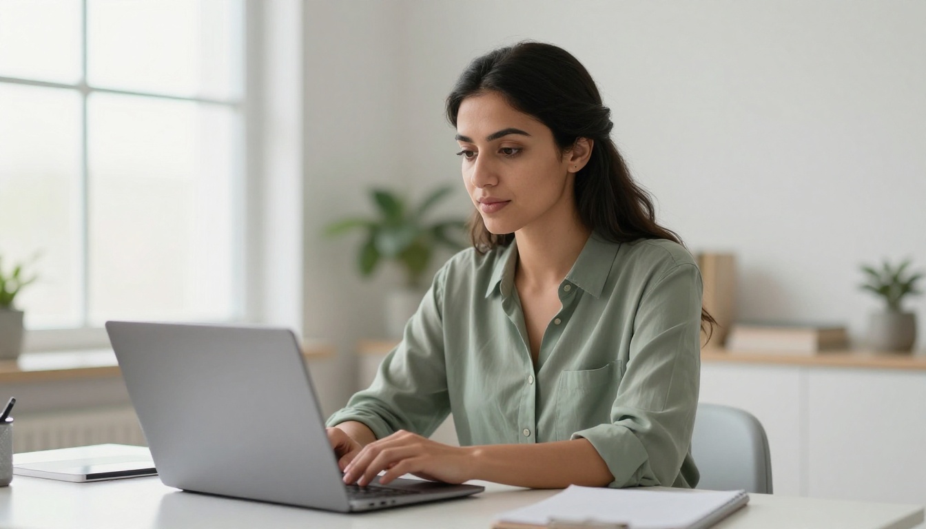 Middle Eastern woman at a minimalist white desk gazing at her laptop with a calm knowing expression