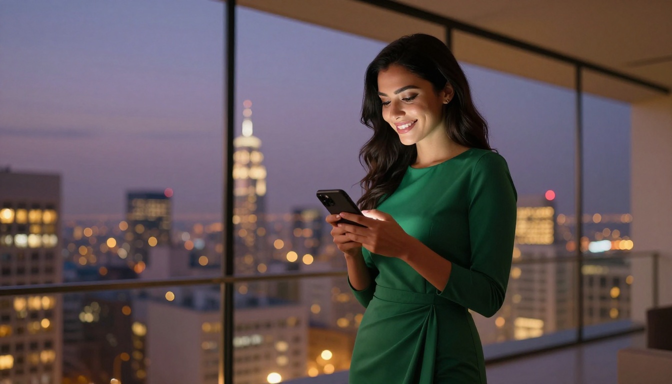 Middle Eastern woman holding smartphone with city skyline at dusk behind her