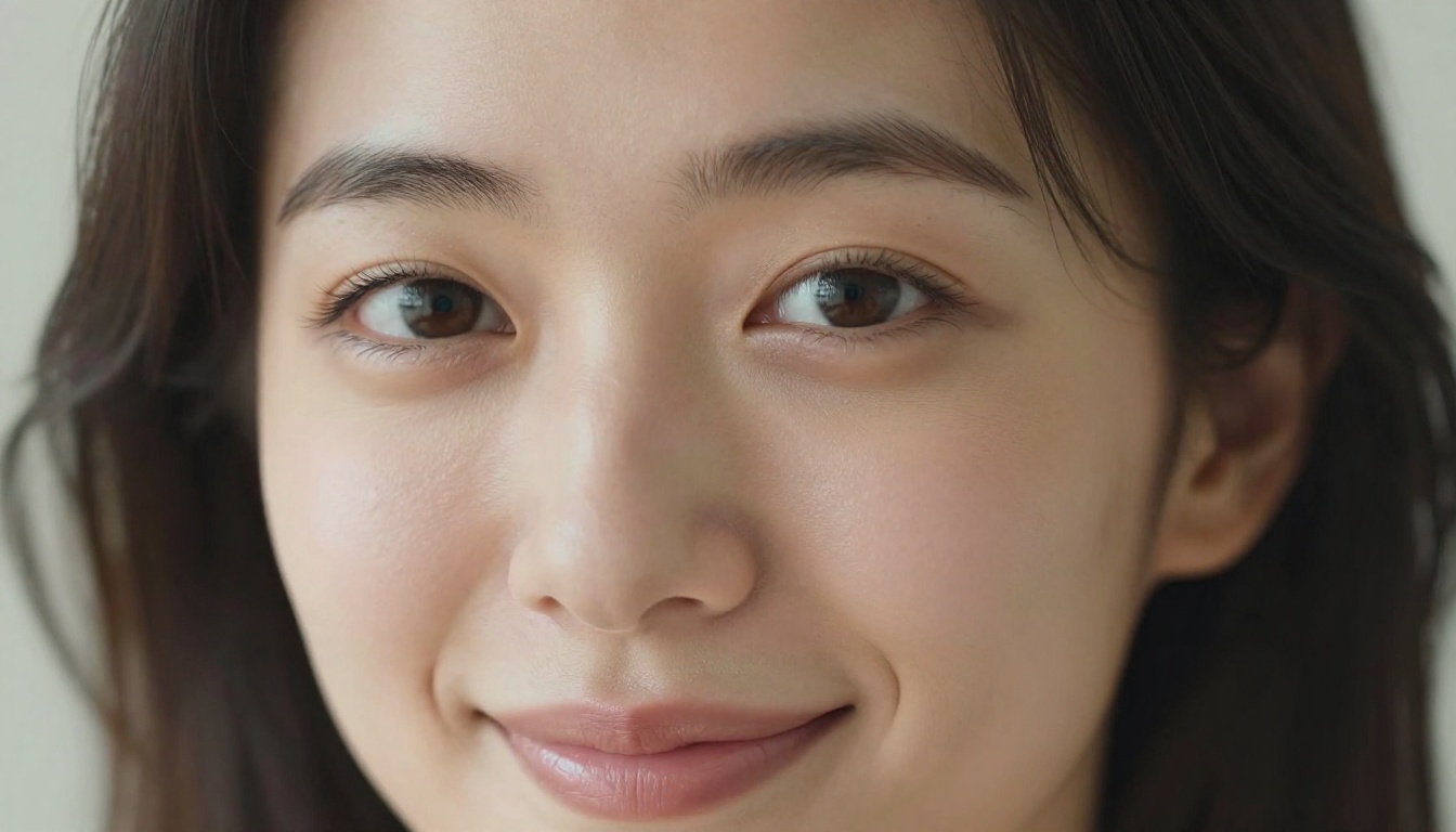 Extreme close-up portrait of Japanese woman with almond eyes making direct camera contact, dewy natural skin