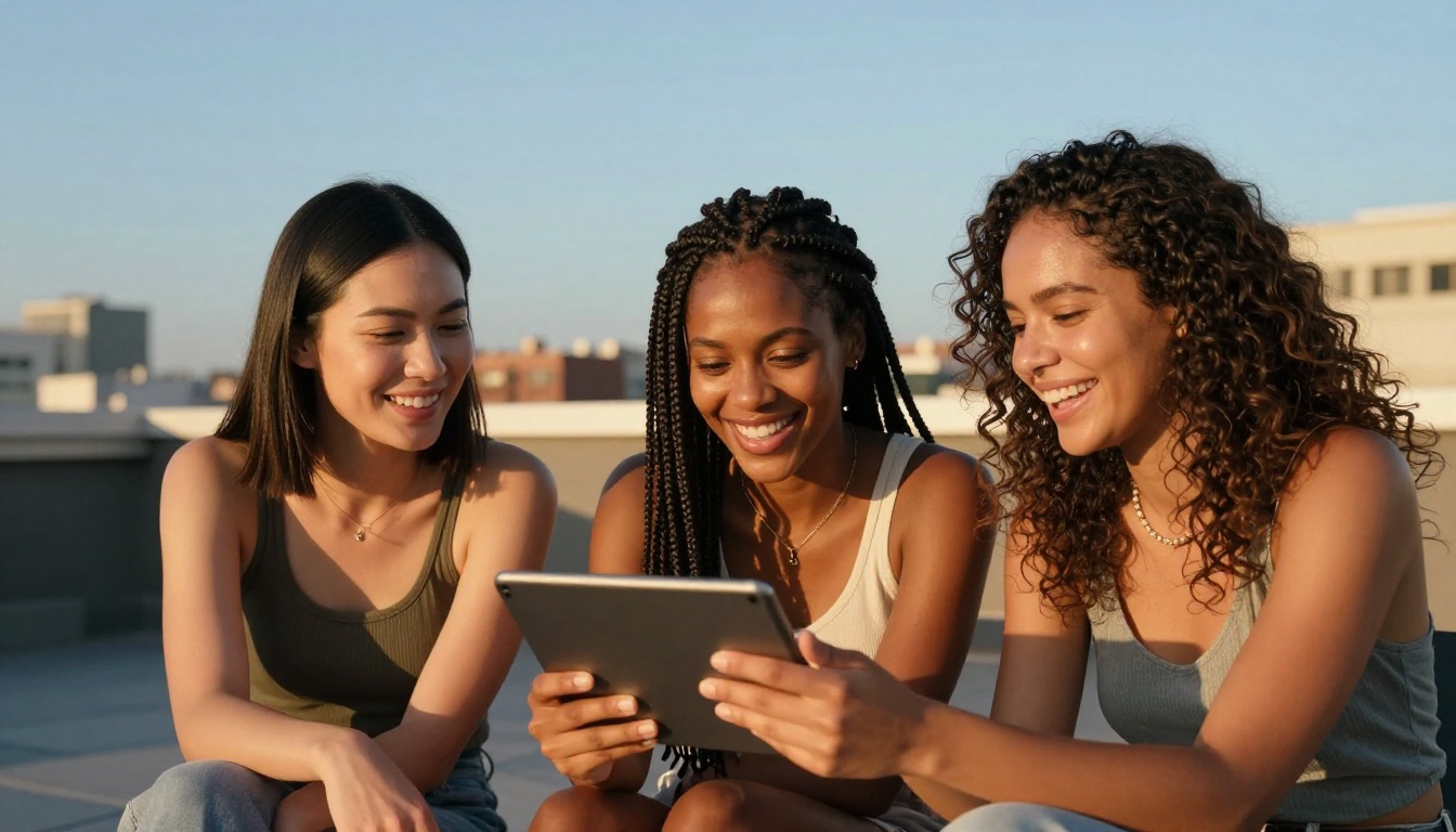 Beautiful diverse trio of women, Asian, African, and Latina, laughing together sharing a tablet on a sun-drenched rooftop terrace, golden hour rim lighting, blurred urban skyline