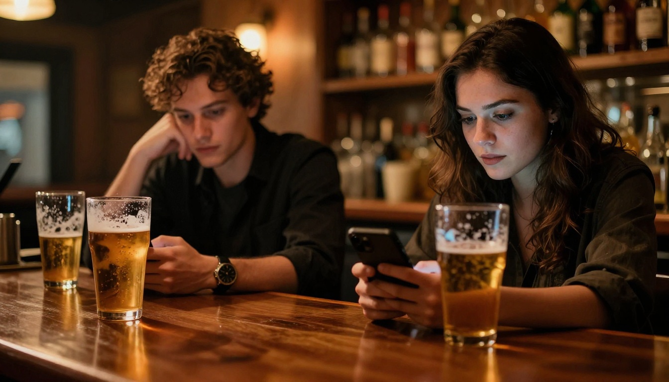 Two strangers at a bar each staring at their own phones in moody amber bar light isolated despite being together