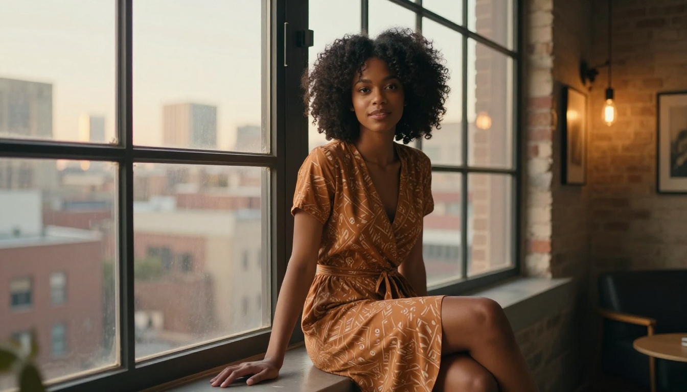 Black woman sitting by a loft apartment window in warm afternoon light