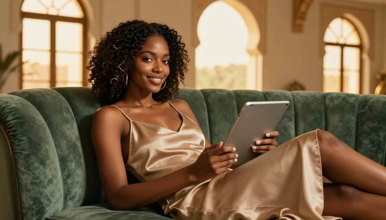 African woman in champagne slip dress lounging on sage velvet chaise, Moroccan windows, golden hour light