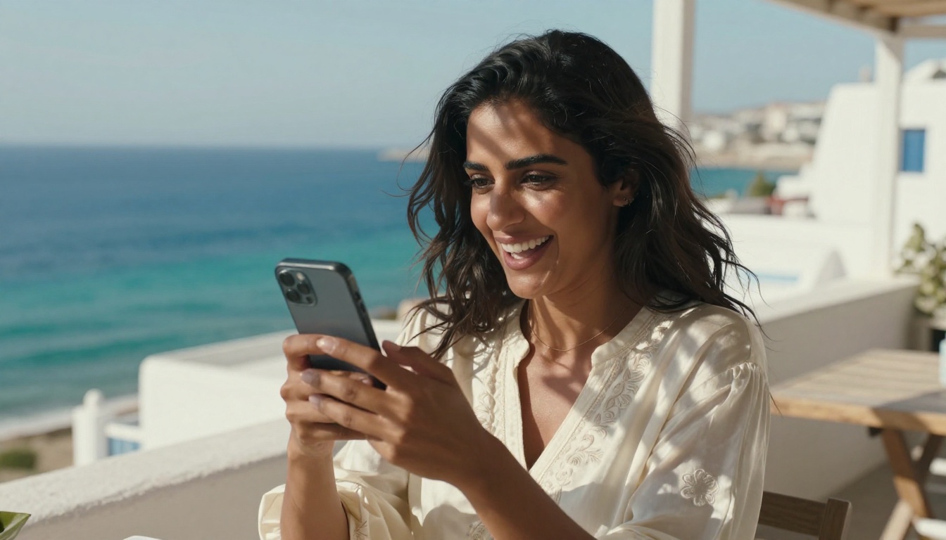 Middle Eastern woman in cream embroidered blouse laughing on Mediterranean terrace, turquoise sea view, natural light