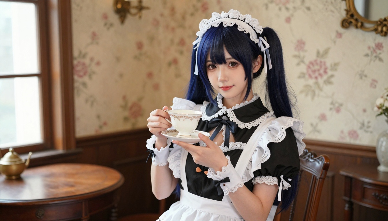 Anime-inspired woman in cosplay maid outfit in a charming vintage tea room