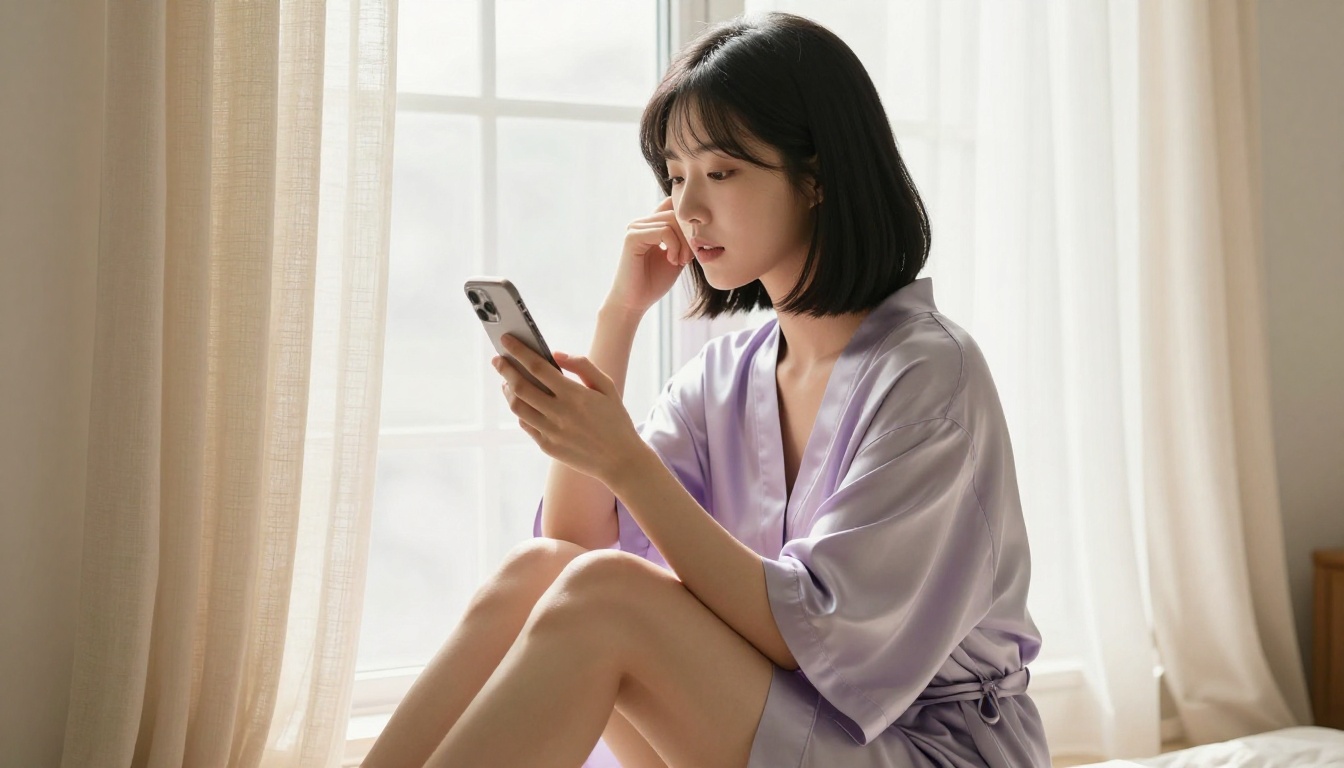 Korean woman in lavender satin robe on cream window seat holding phone, tender morning light, intimate expression
