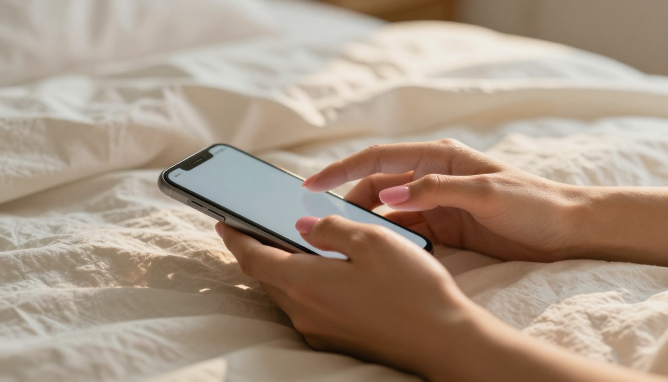 AI companion chat interface, a woman's hands typing on a glowing smartphone in warm morning light