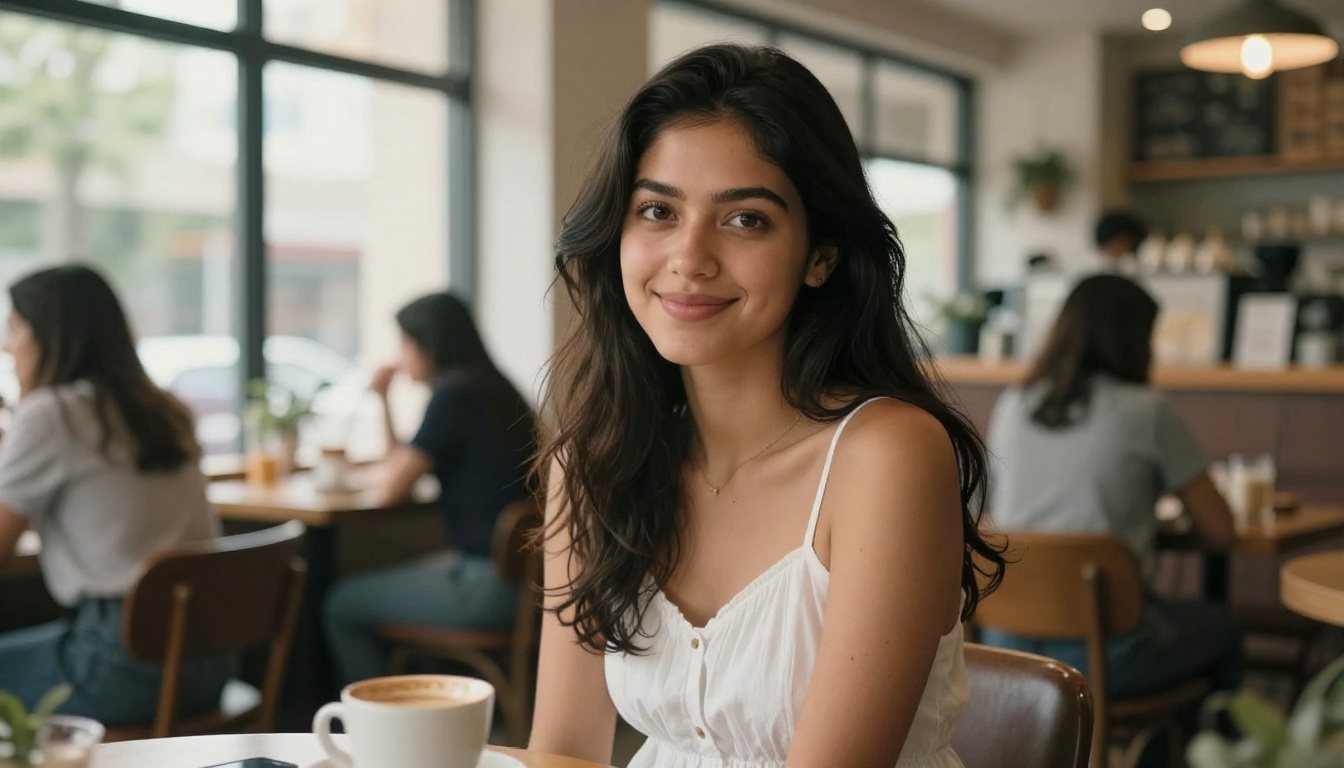 Beautiful Latina woman in a coffee shop, warm natural light, engaging expression