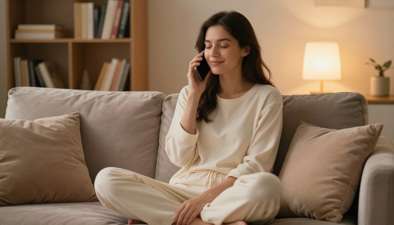 A woman enjoying a voice message, peaceful expression, warm amber lamp light on a cozy sofa