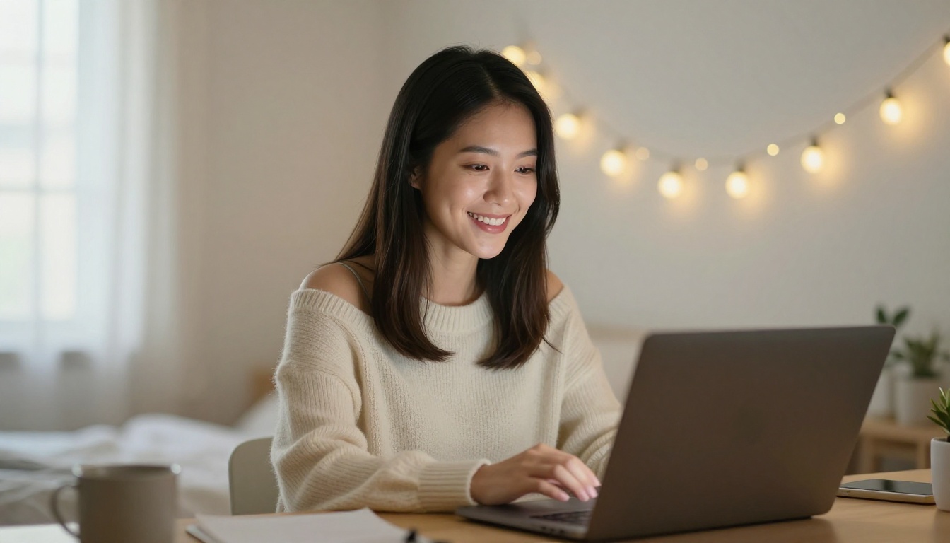 Asian woman smiling on a video call, cozy bedroom with fairy lights in the background