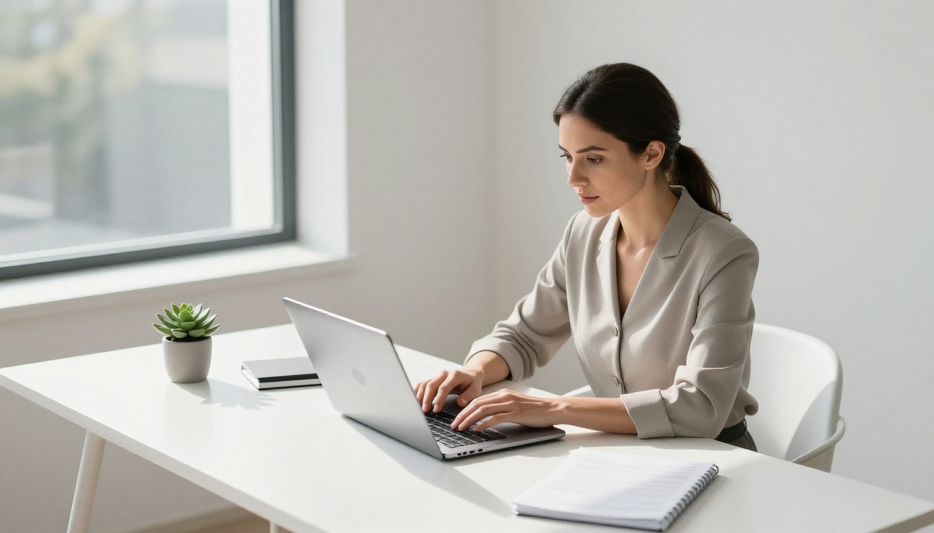 Woman working privately at a sleek minimalist desk, cool daylight, focused and at ease