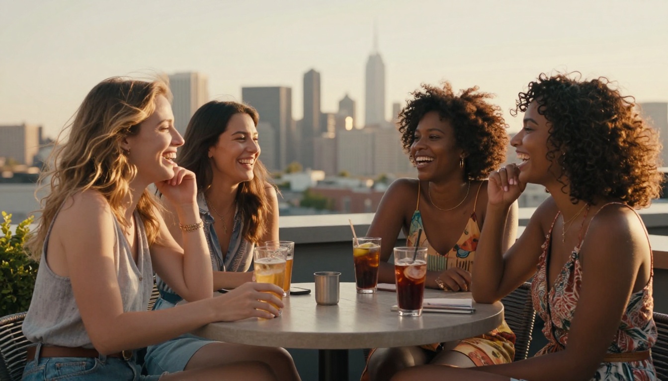 Three diverse women laughing together at a rooftop bar during golden hour, joyful and candid