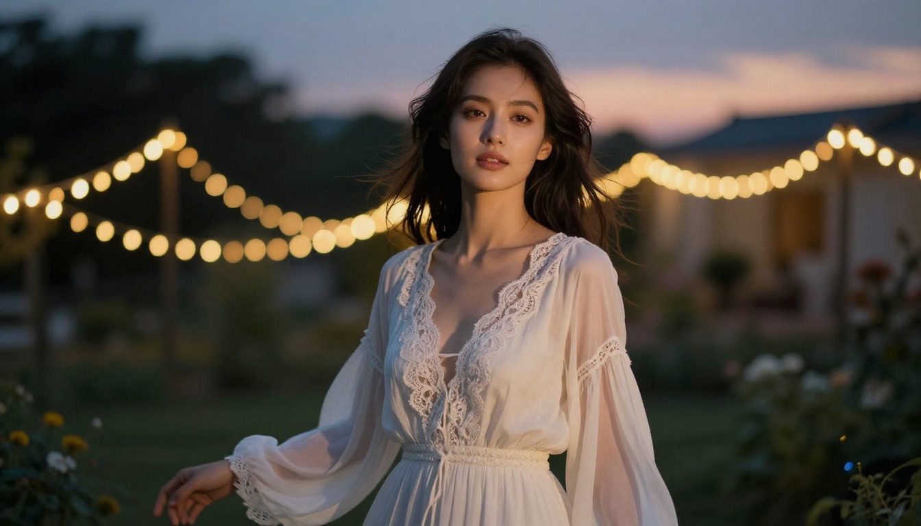 A beautiful woman in a flowing white dress in an atmospheric garden at dusk, warm bokeh fairy lights