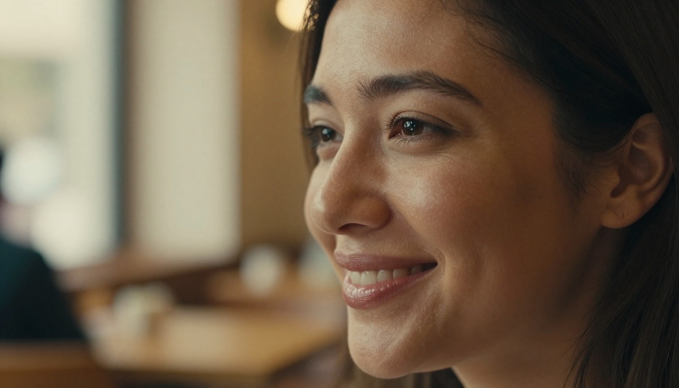 Close-up of a woman's face mid-conversation in a warm cafe, genuine smile, natural window light