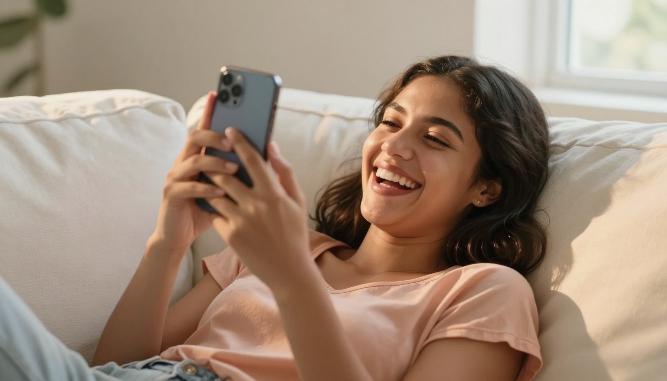 Latina woman laughing at her AI companion chat on her phone