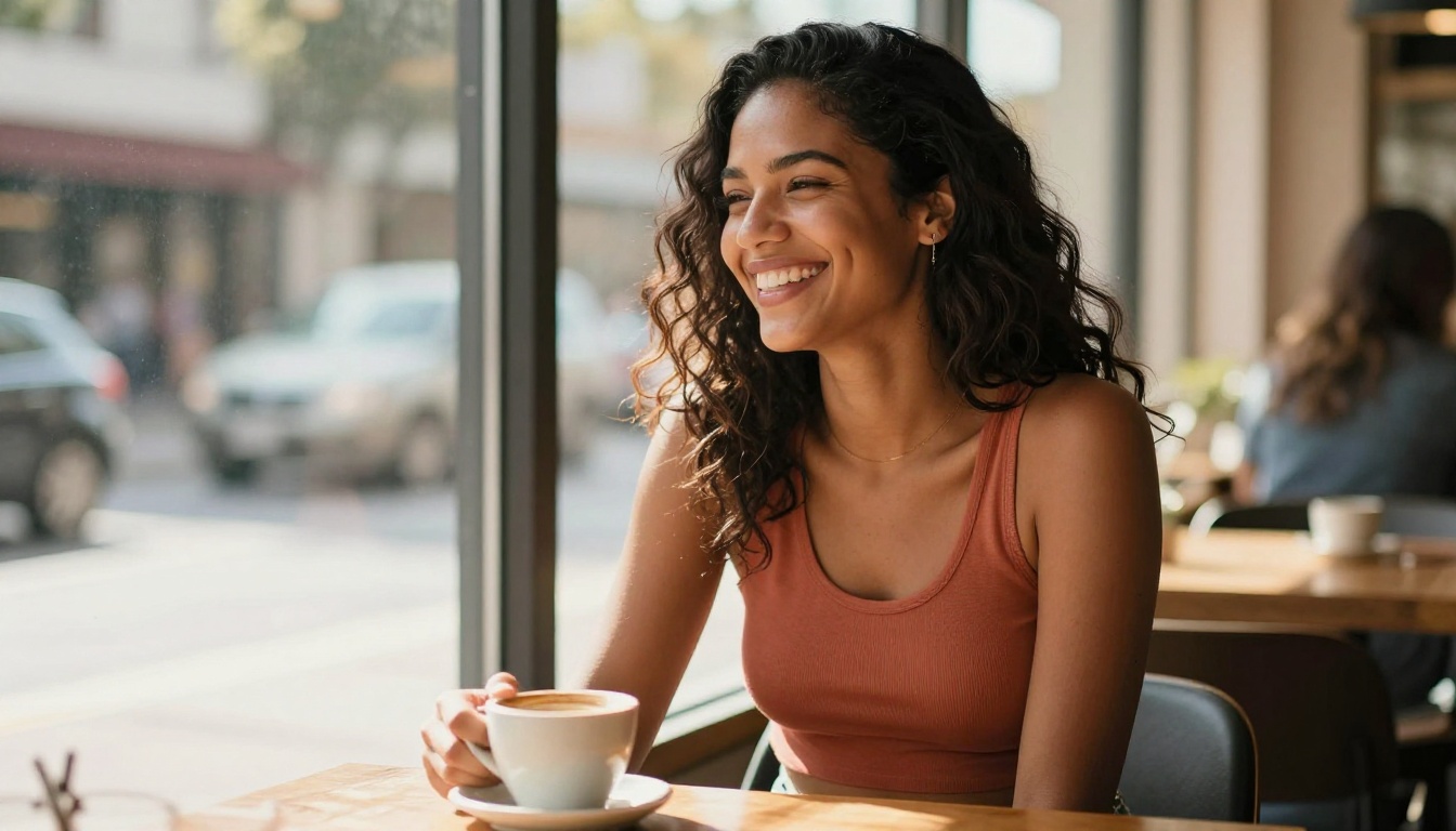 Beautiful Latina woman laughing in a sun-drenched cafe window seat Beautiful Latina woman laughing in a sun-drenched cafe window seat