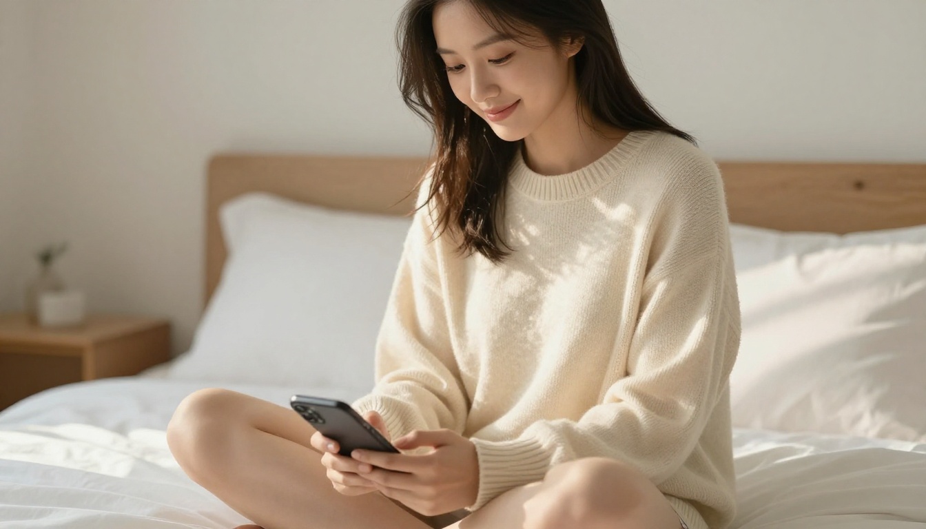 Asian woman sitting cross-legged on bed smiling at her AI companion app