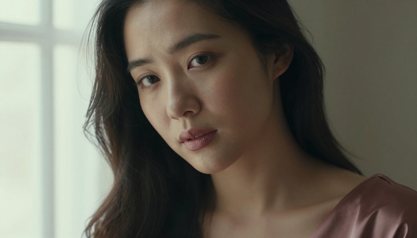 Close-up portrait of beautiful Asian woman with soft expressive eyes in dusty rose Close-up portrait of beautiful Asian woman with soft expressive eyes in dusty rose
